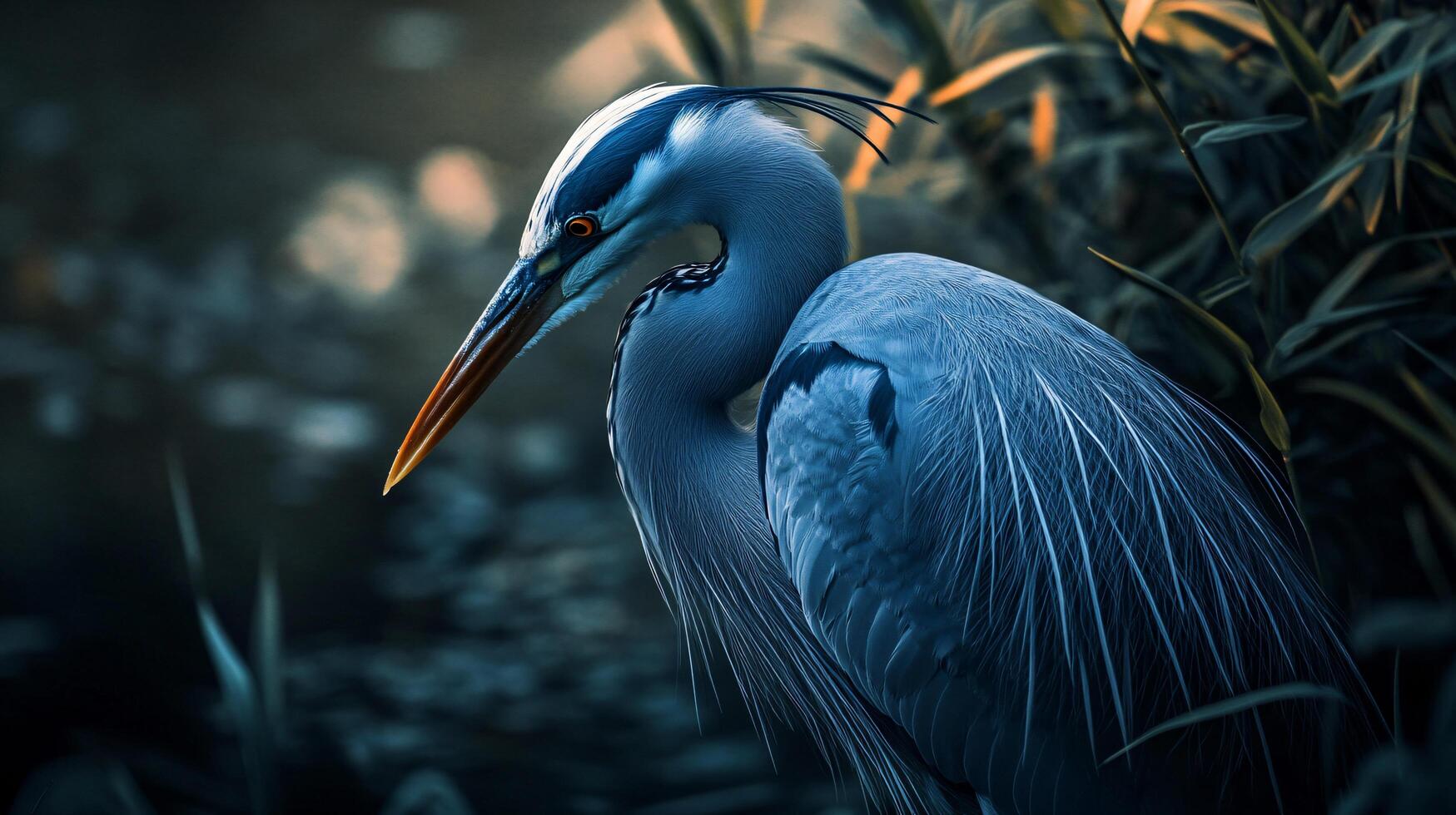 Blue bird with a long neck is standing in a field of grass. The bird is looking to the right photo