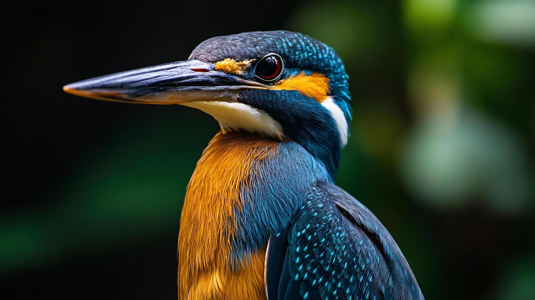 Bird with a blue head and orange body. The bird is standing in a green forest. The bird is looking at the camera photo