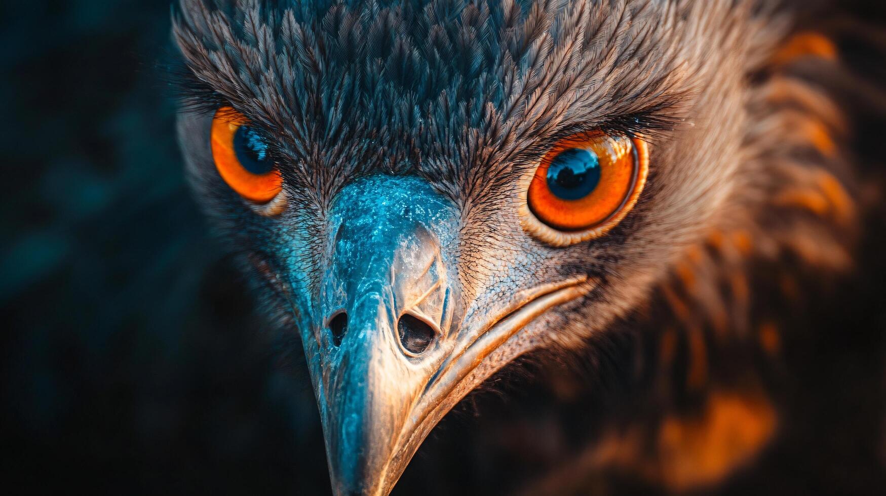 Close up of a bird's face with a blue and orange background. The bird has a very intense look in its eyes photo