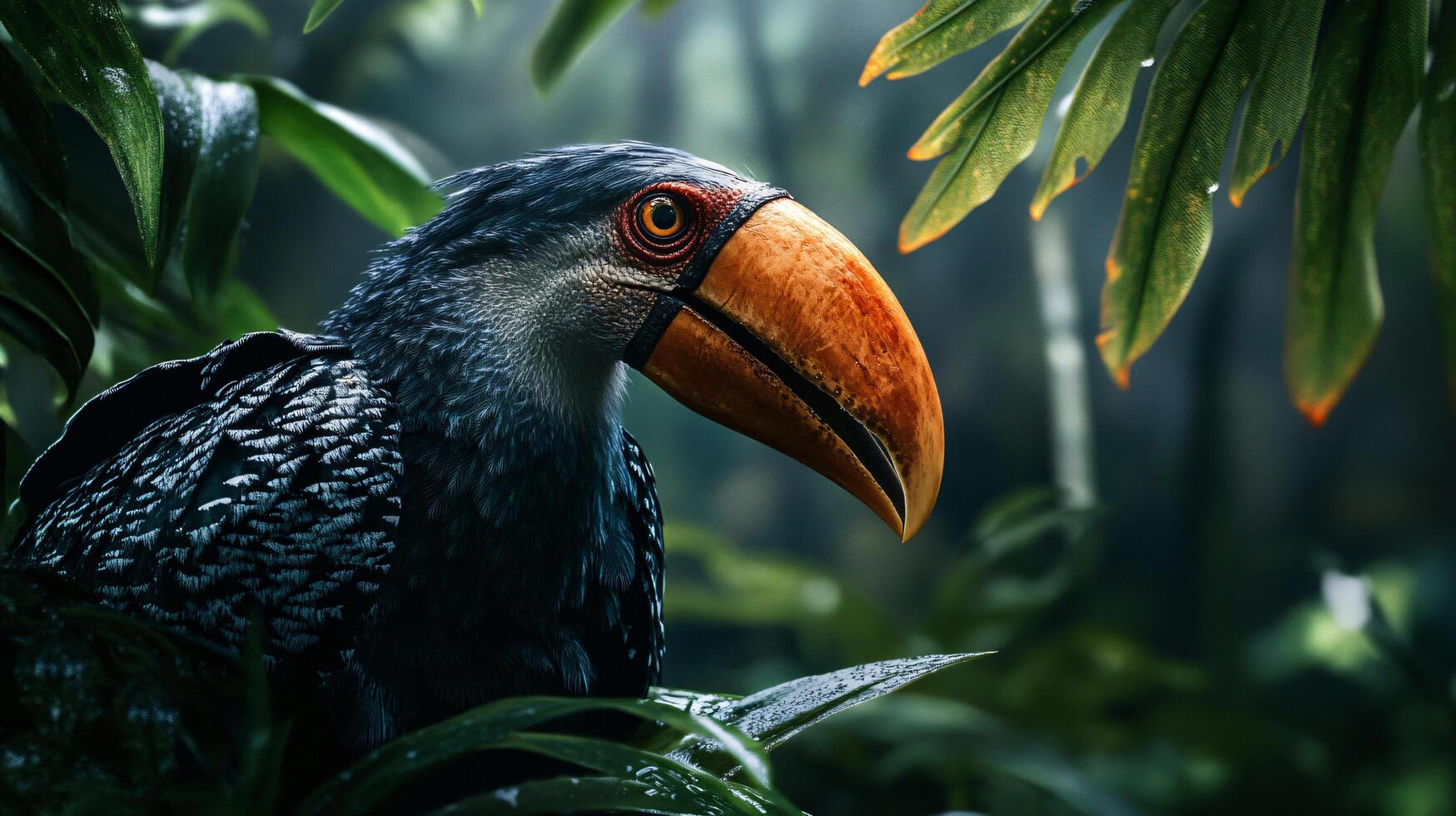 Black and orange bird is perched on a leafy branch. The bird is looking directly at the camera photo