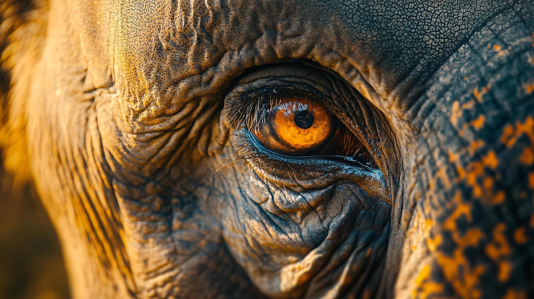 The eye of an elephant is shown in a close up. The eye is brown and has a yellowish tinge. The elephant's eye is surrounded by wrinkles and has a slightly blurry appearance photo