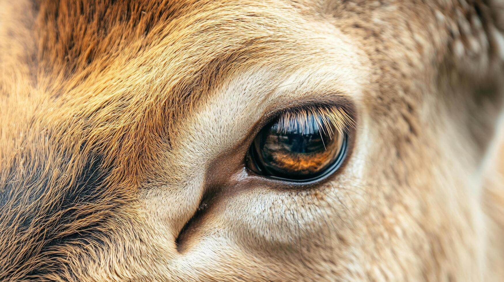 Close up of a deer's eye with a brownish tint. The eye is surrounded by a furry, brownish-colored area photo