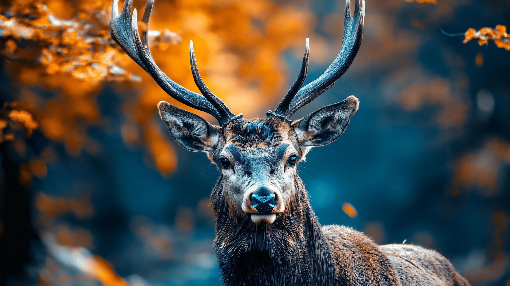Deer with its head held high and its antlers visible. The image has a warm, natural feel to it, with the deer standing in a forest setting photo