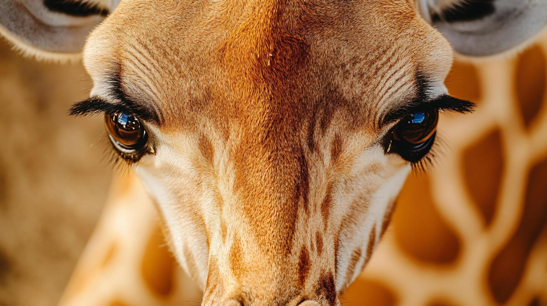 Giraffe with brown spots and blue eyes. The giraffe has a very cute and friendly expression photo