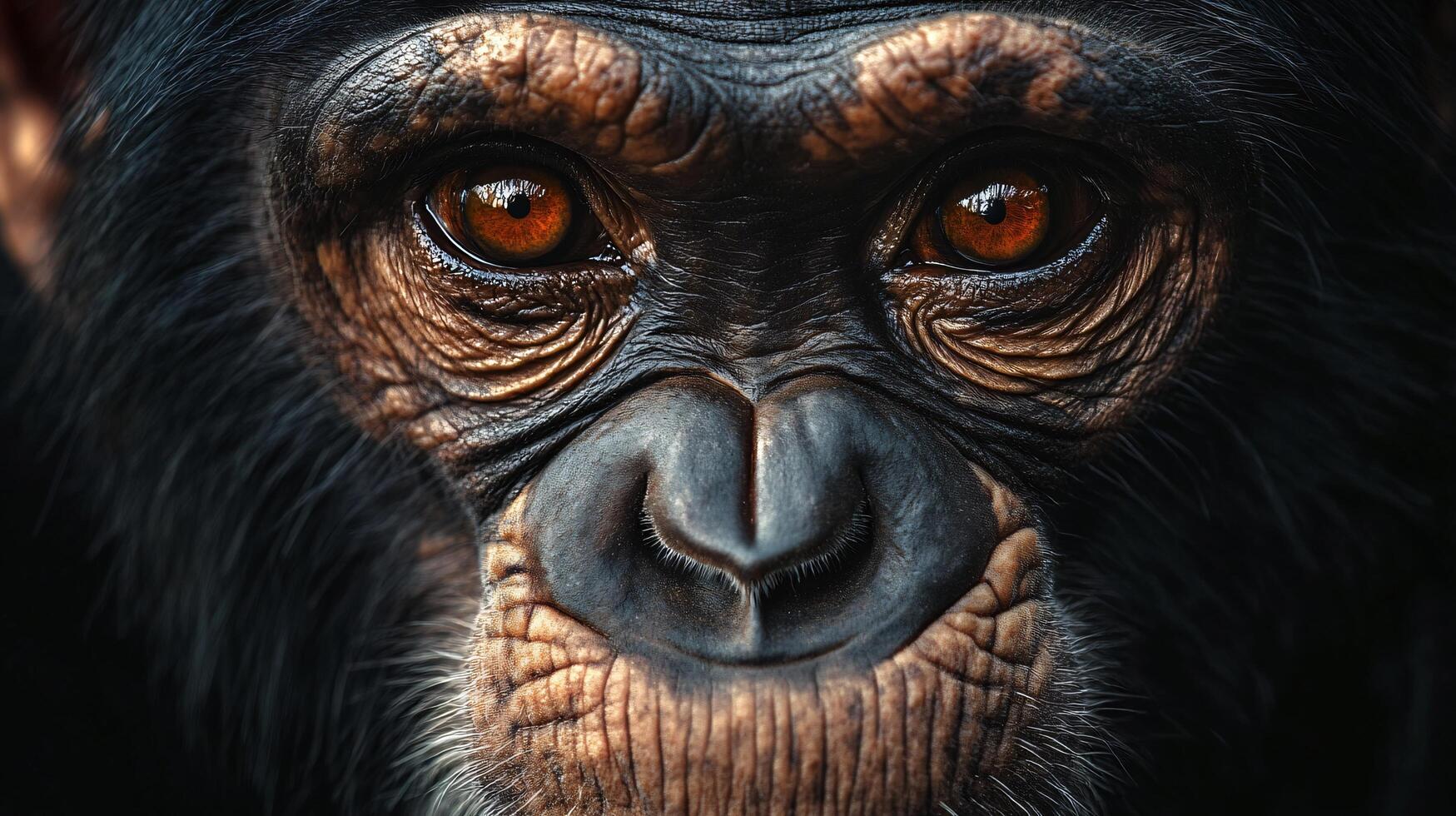 Close up of a monkey's face with a red eye. The monkey's face is black and white photo