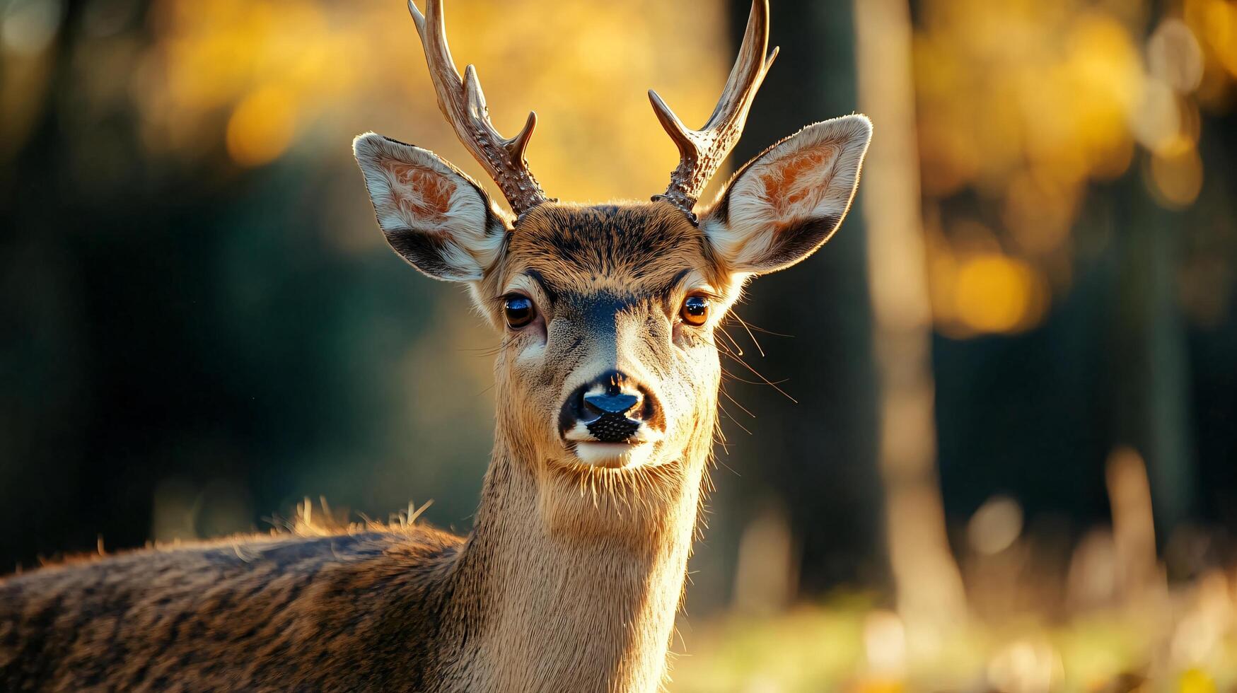 Deer with antlers is standing in a field. The deer has a curious expression on its face photo