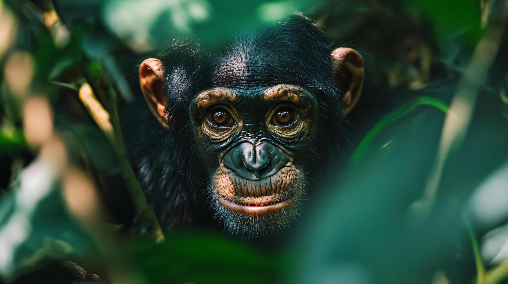 Baby monkey is peeking out from behind some leaves. The monkey has a black face and is looking at the camera photo