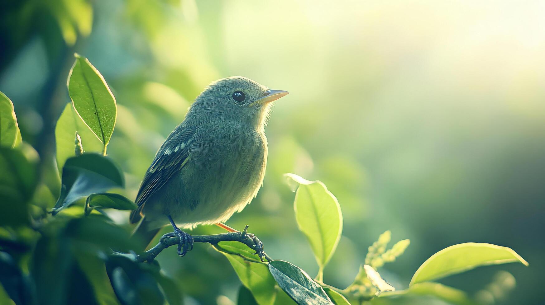 Small bird is perched on a leafy branch in a lush green forest. The sunlight is shining through the leaves, creating a peaceful and serene atmosphere photo