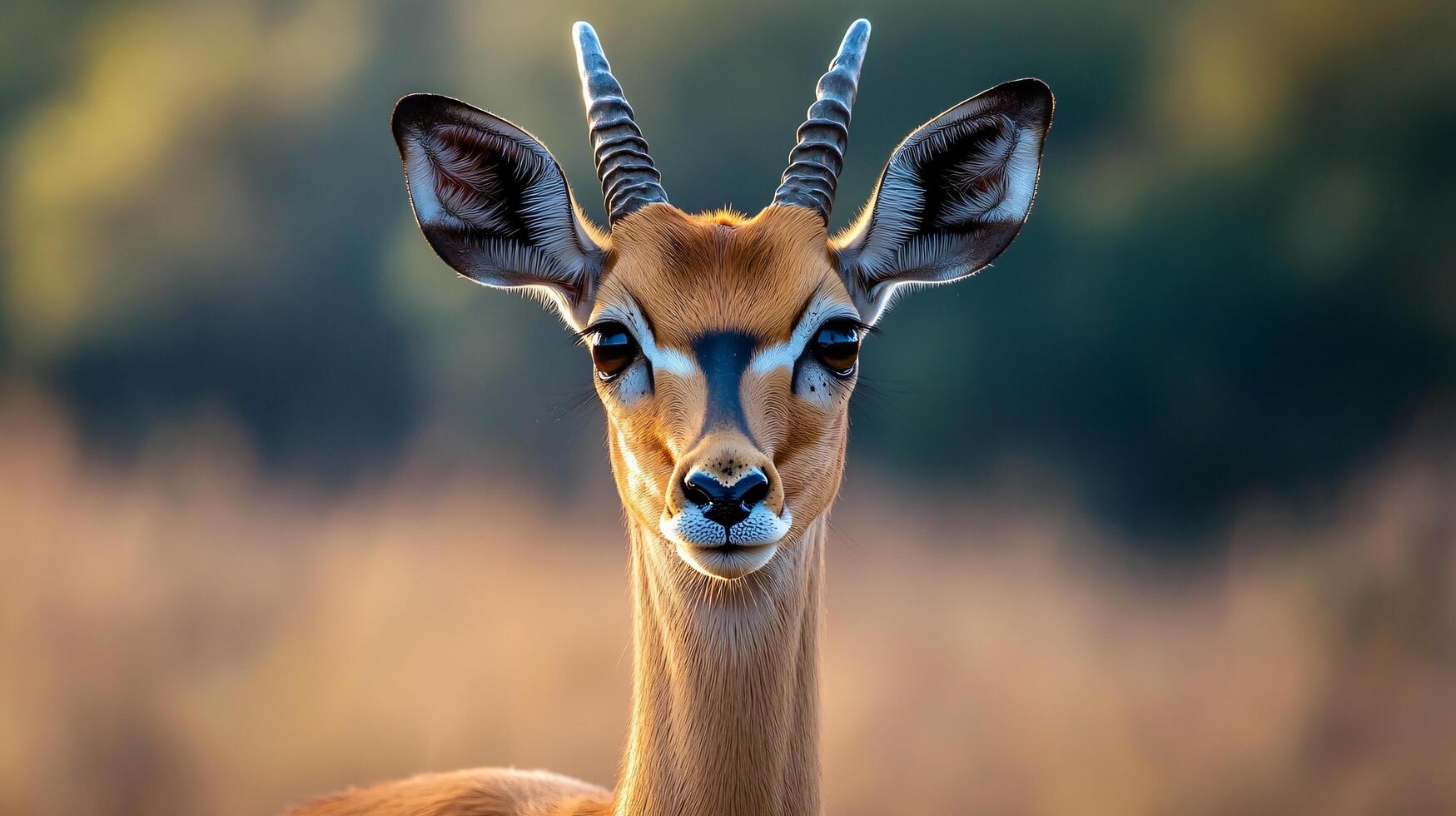 Deer with horns is looking at the camera. The image has a natural and peaceful feel to it photo