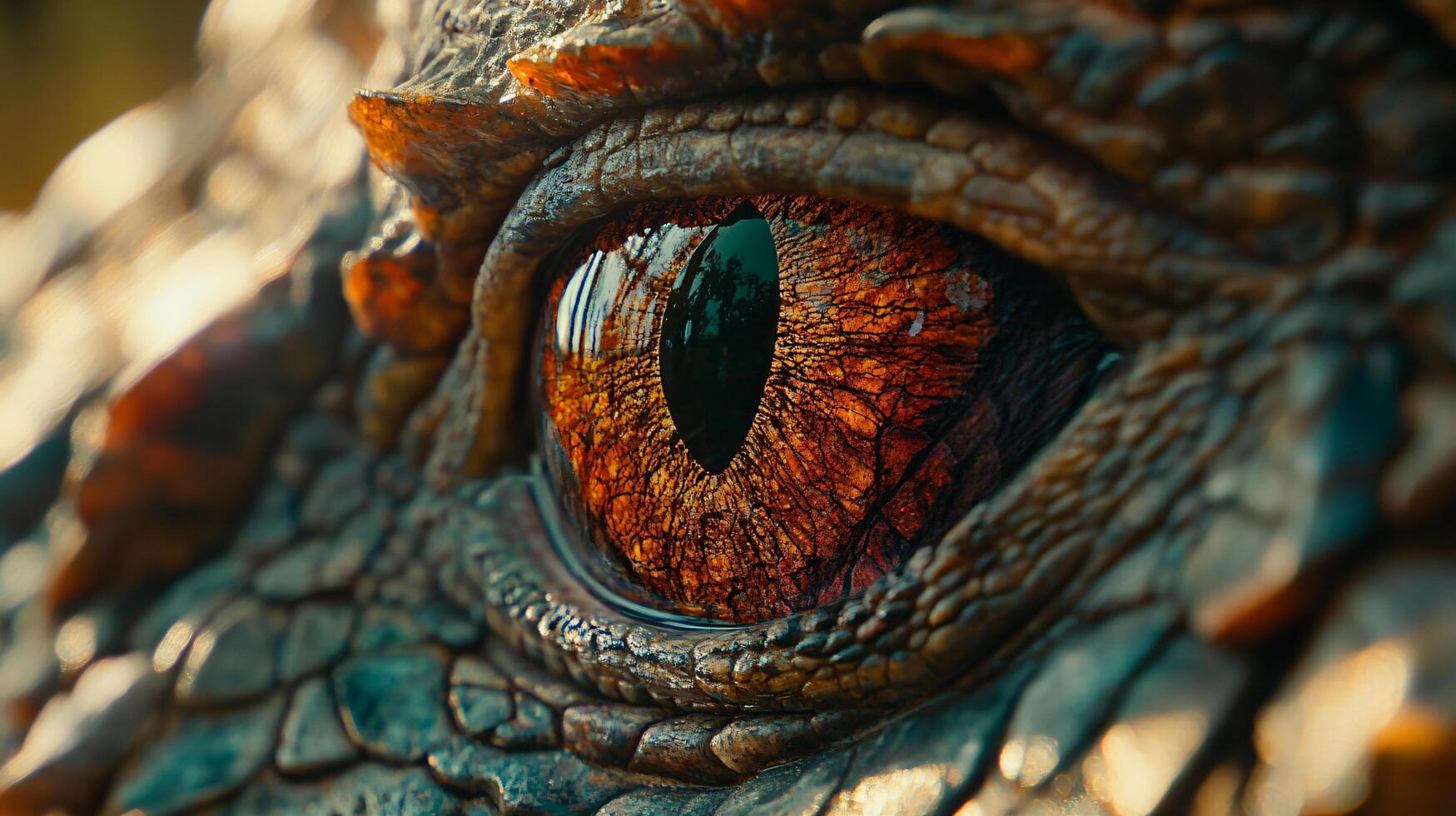 Close up of a dragon's eye with a red iris. The eye is surrounded by a green and brown pattern photo