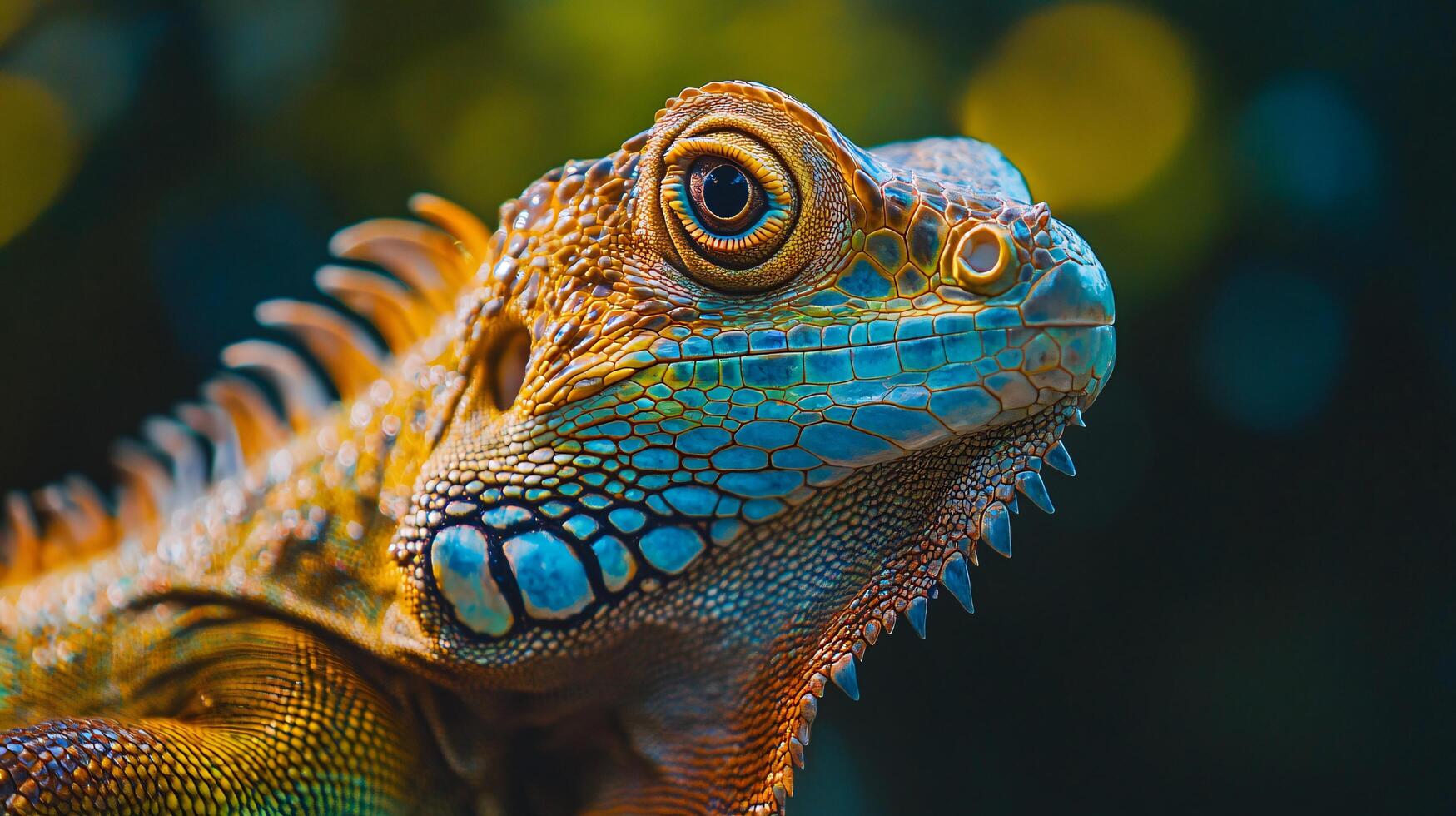 Lizard with a blue head and green body. The lizard is looking at the camera. The lizard is in a dark background photo