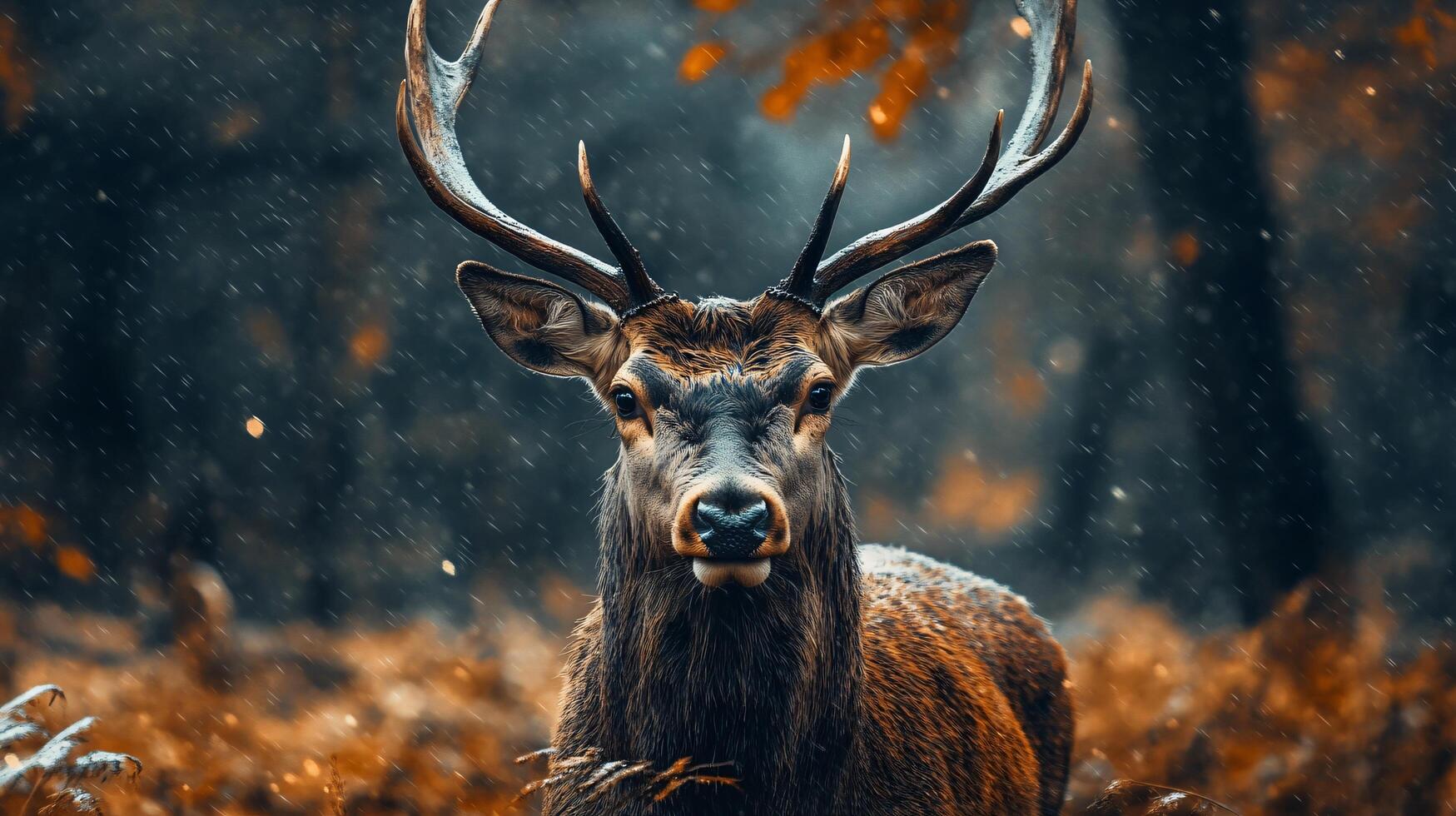 Deer is standing in the woods with its head down. The image has a mood of calmness and serenity photo