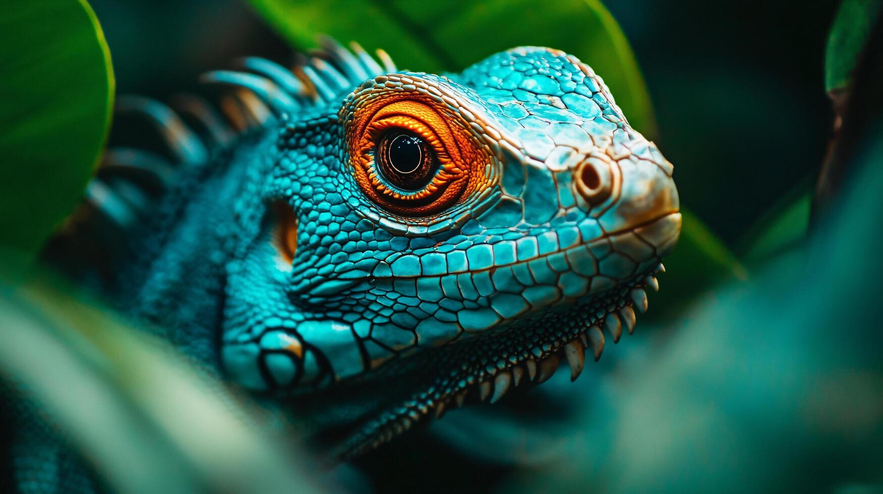 Lizard with a blue and orange face is in a green leafy area. The lizard is looking at the camera photo