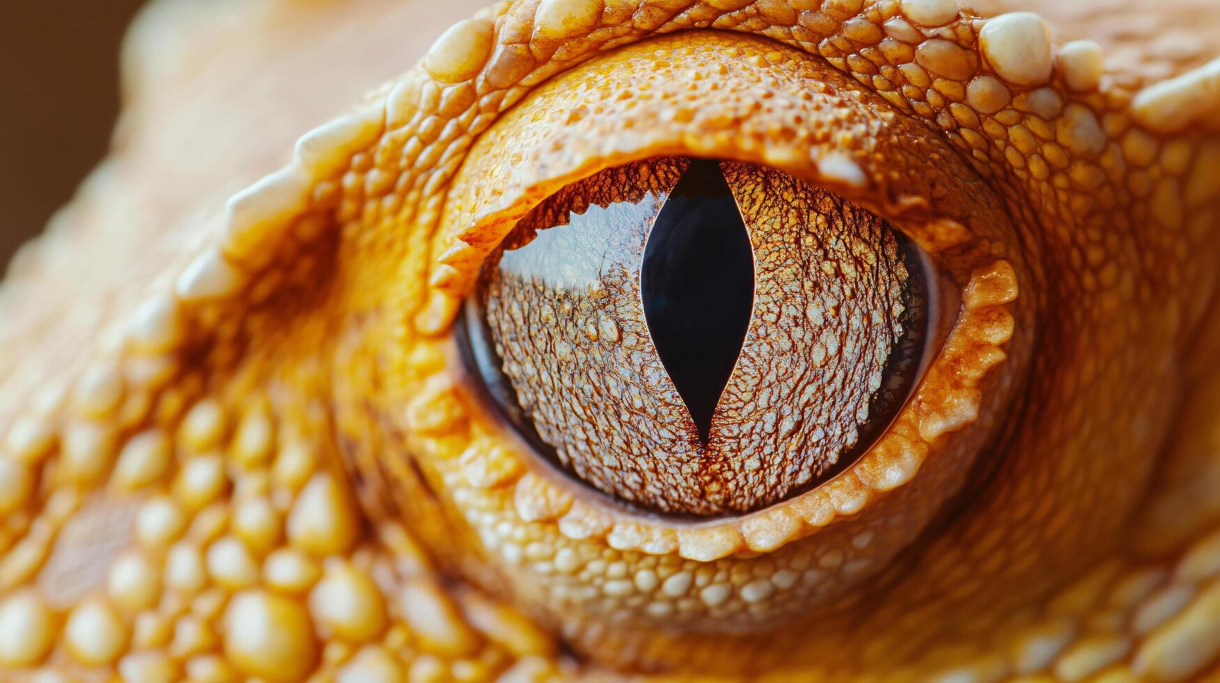 Close up of a lizard's eye with a dark pupil. The eye is surrounded by a pattern of brown spots photo