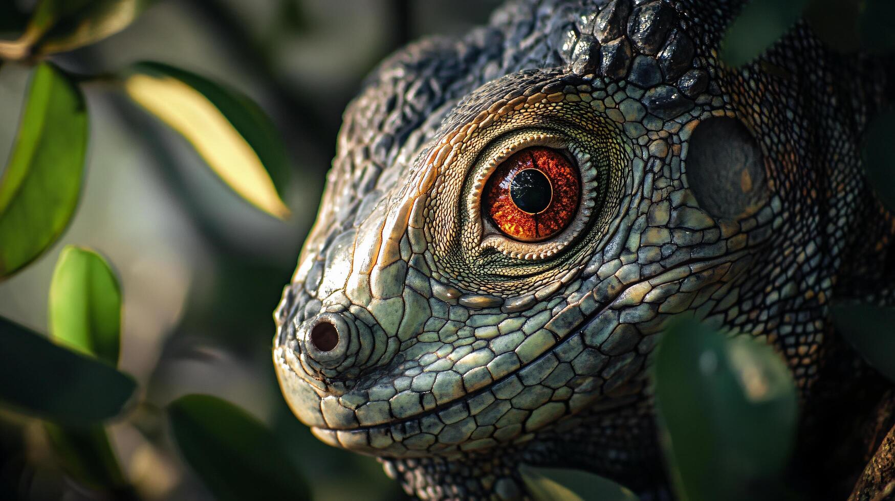 Lizard with a green and brown body and red eyes. The lizard is in a green leafy area photo