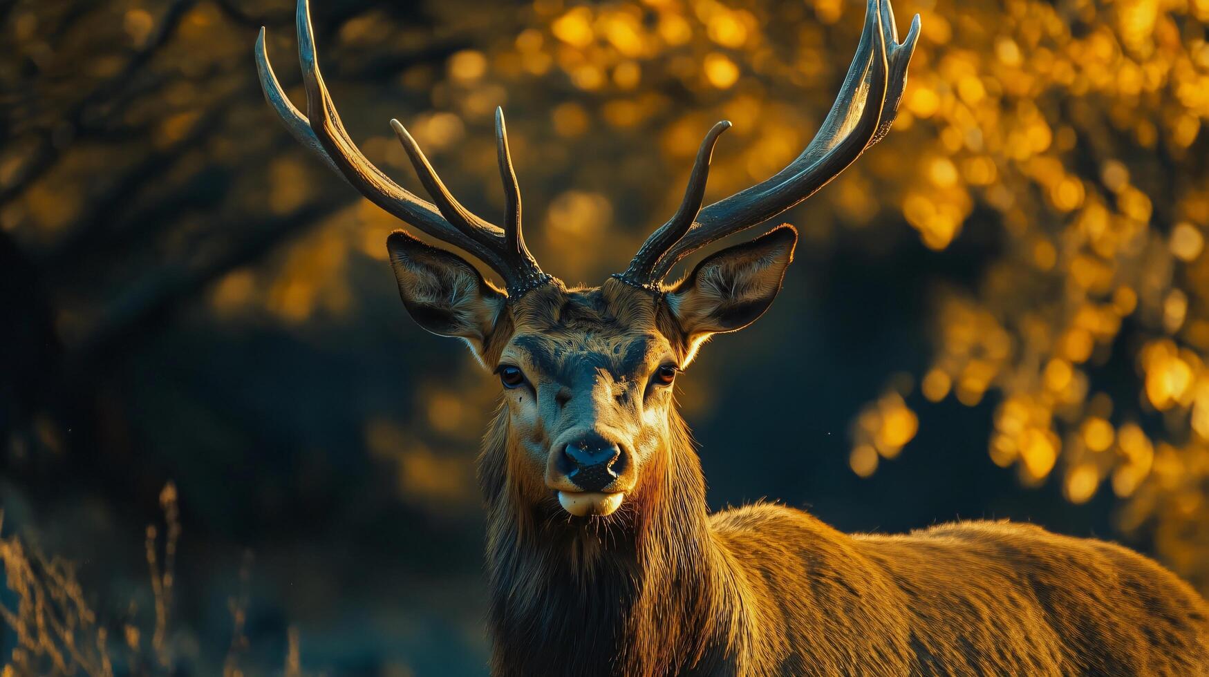 Deer with its head held high and antlers on display. The image has a warm and natural feel, with the deer standing in a field of trees photo