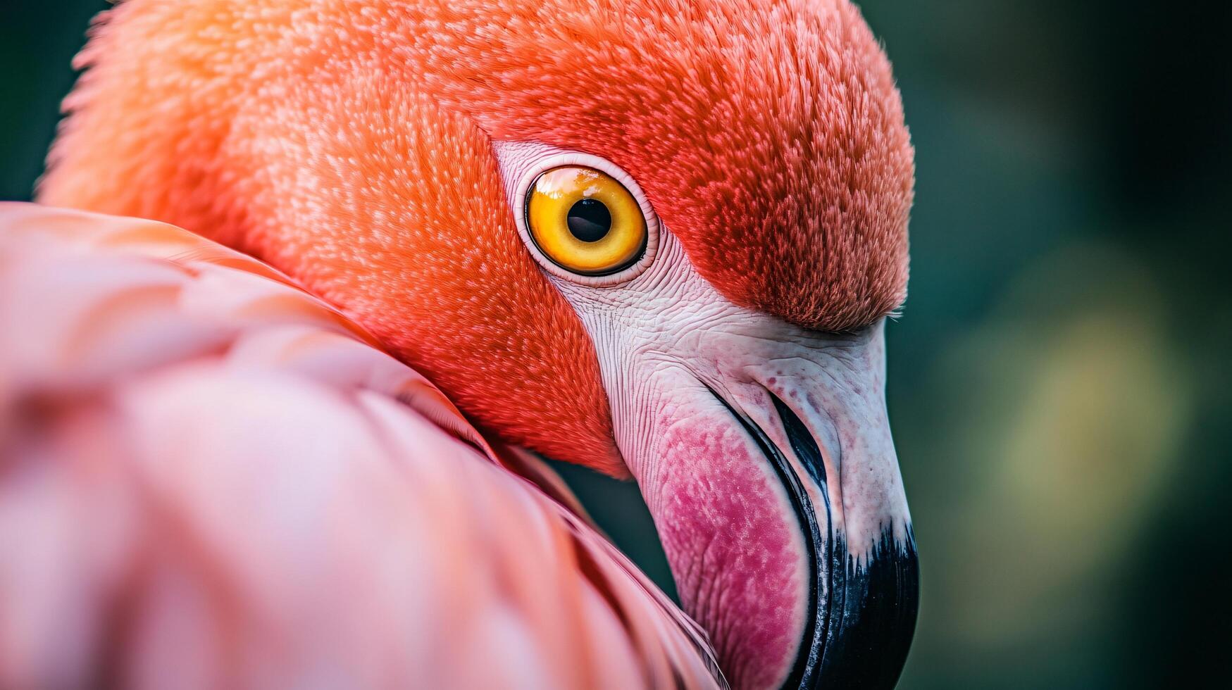 Close up of a flamingo's face with a pinkish hue. The bird's eyes are yellow and it has a pinkish beak photo