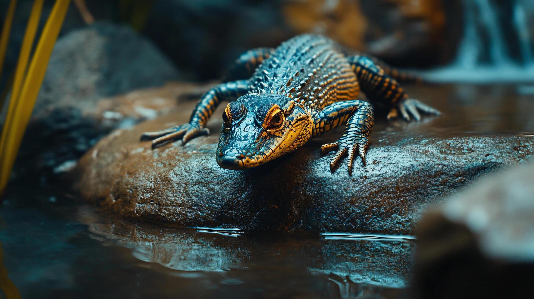 Small frog is sitting on a rock in a pond. The frog is black and yellow. The pond is calm and peaceful photo