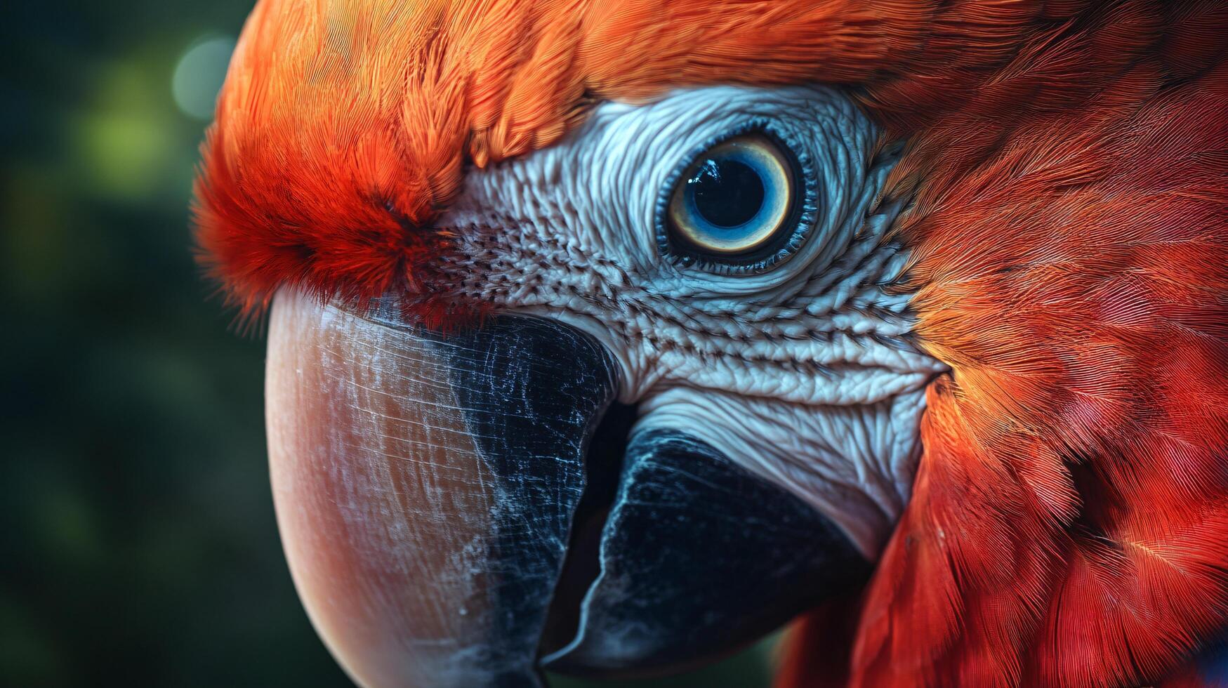 Close up of a parrot's face with a blue eye. The bird's beak is open and its feathers are bright red photo