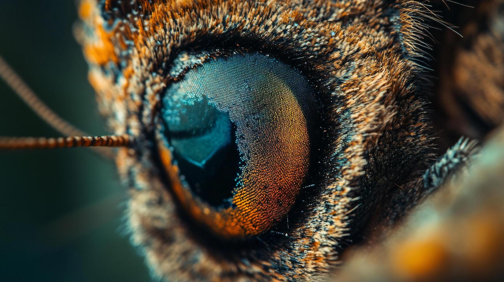 Close up of a butterfly's eye with a blue iris and orange and brown fur. The eye is surrounded by a fuzzy brown area photo