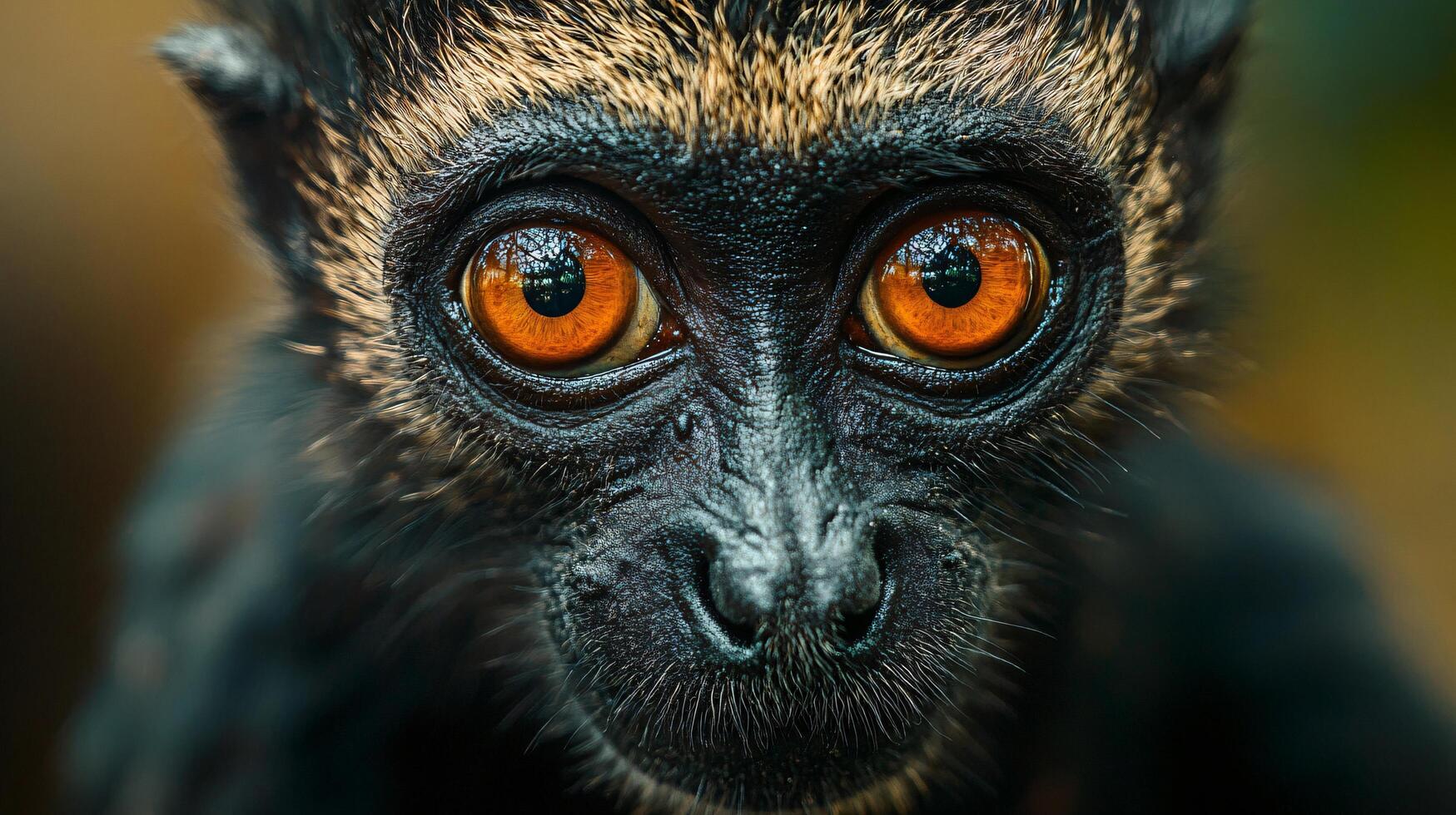 Monkey with a black face and orange eyes. The monkey is looking at the camera. The image has a dark and mysterious mood photo