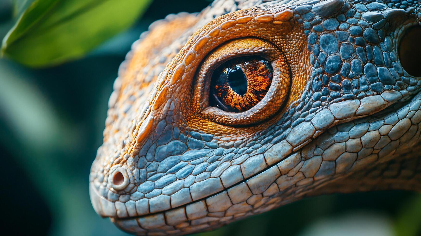 Lizard with a blue and orange face is shown in the image. The lizard's eyes are large and prominent, drawing attention to its face photo