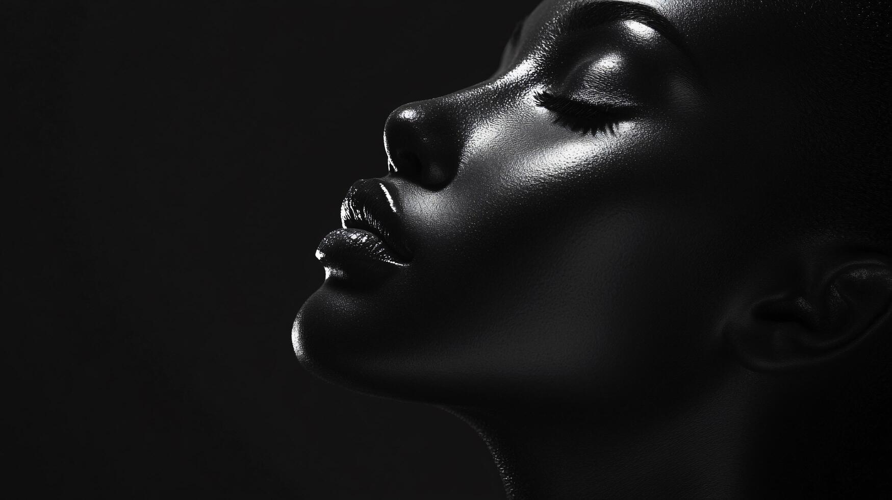 Woman's face is shown in a black and white photo. The photo is of a woman with a very dark skin tone. The photo has a mood of elegance and sophistication