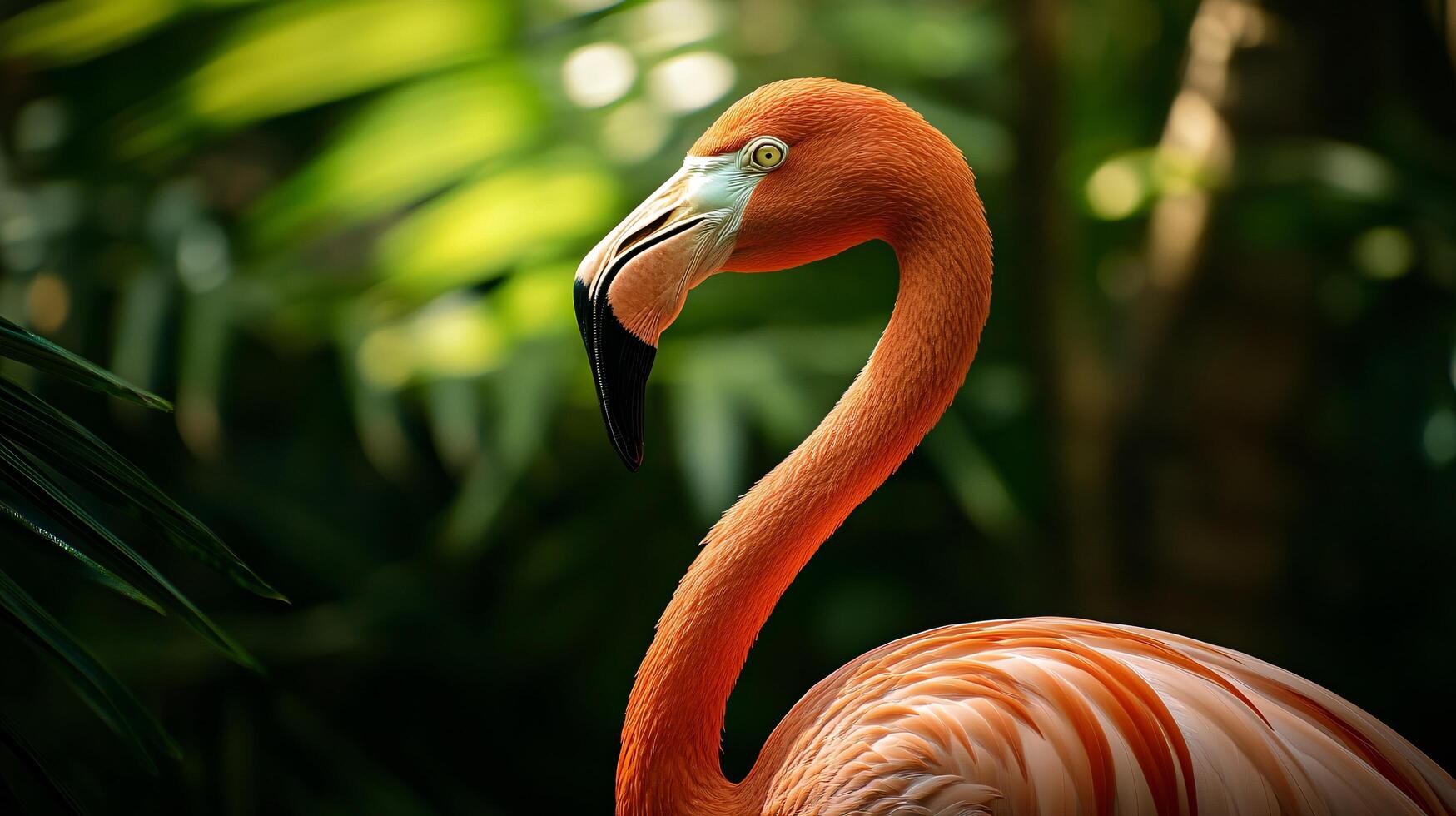 Flamingo is standing in a lush green forest. Concept of tranquility and natural beauty, as the flamingo's vibrant pink color contrasts with the green foliage photo