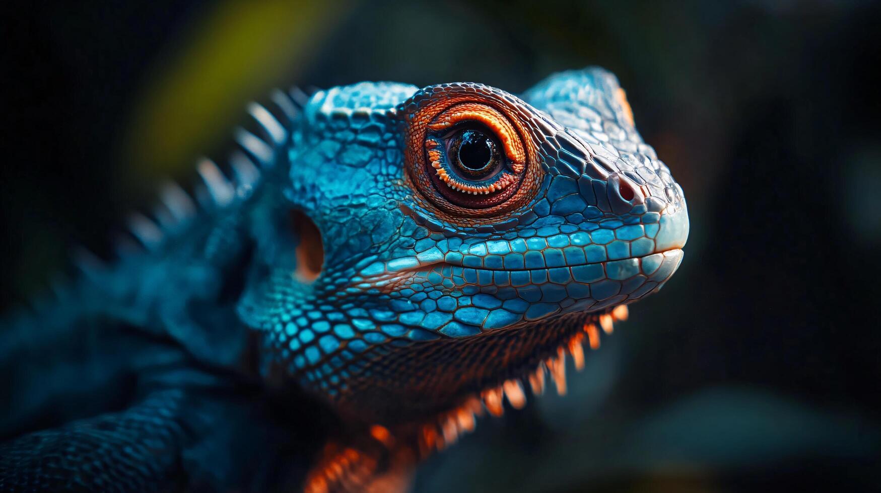 Blue lizard with orange eyes is staring at the camera. The lizard is in a dark environment, which adds to the mysterious and intriguing atmosphere of the image photo