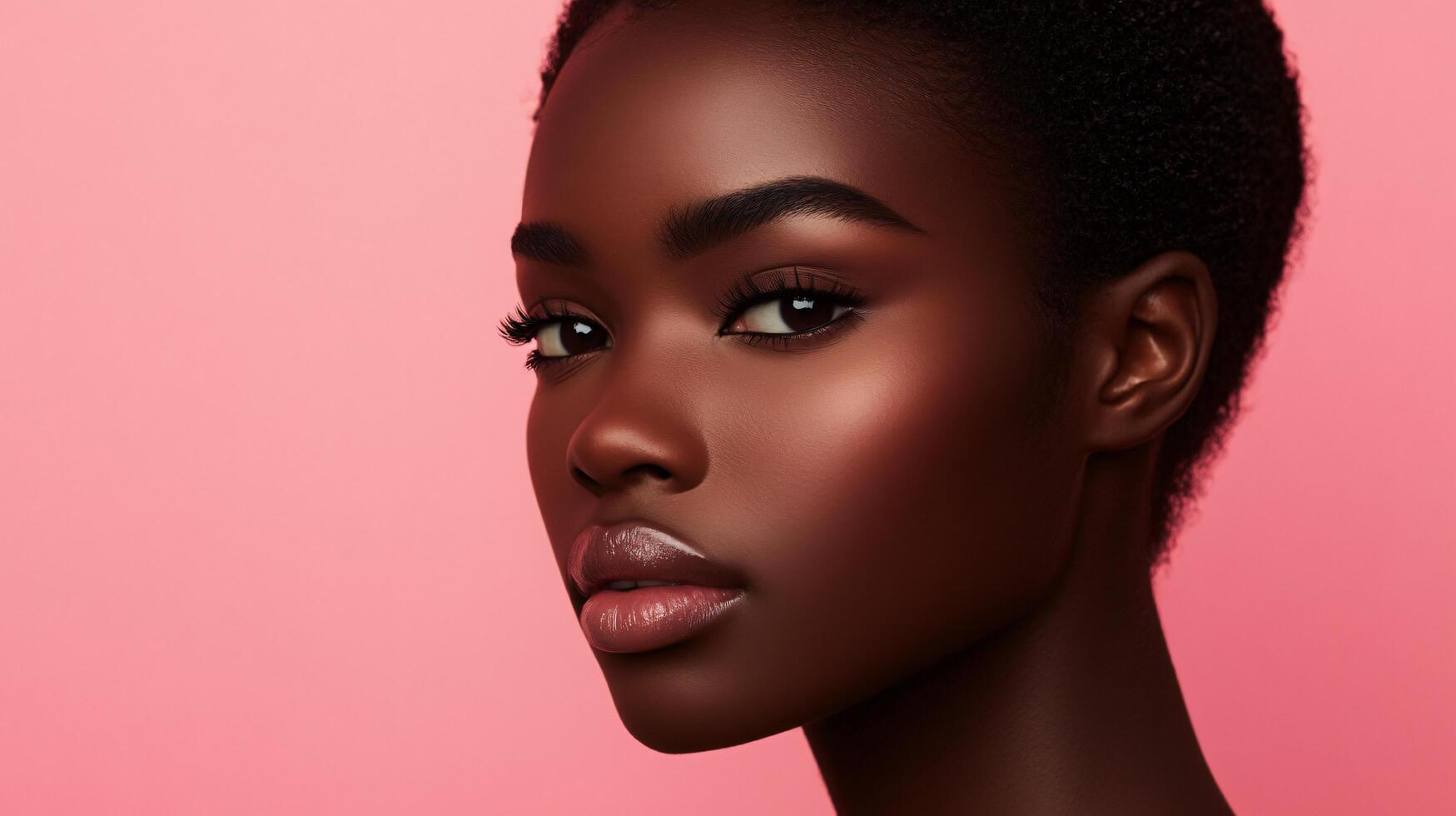 Woman with dark hair and a dark skin tone is standing in front of a pink background. She has a very serious expression on her face photo