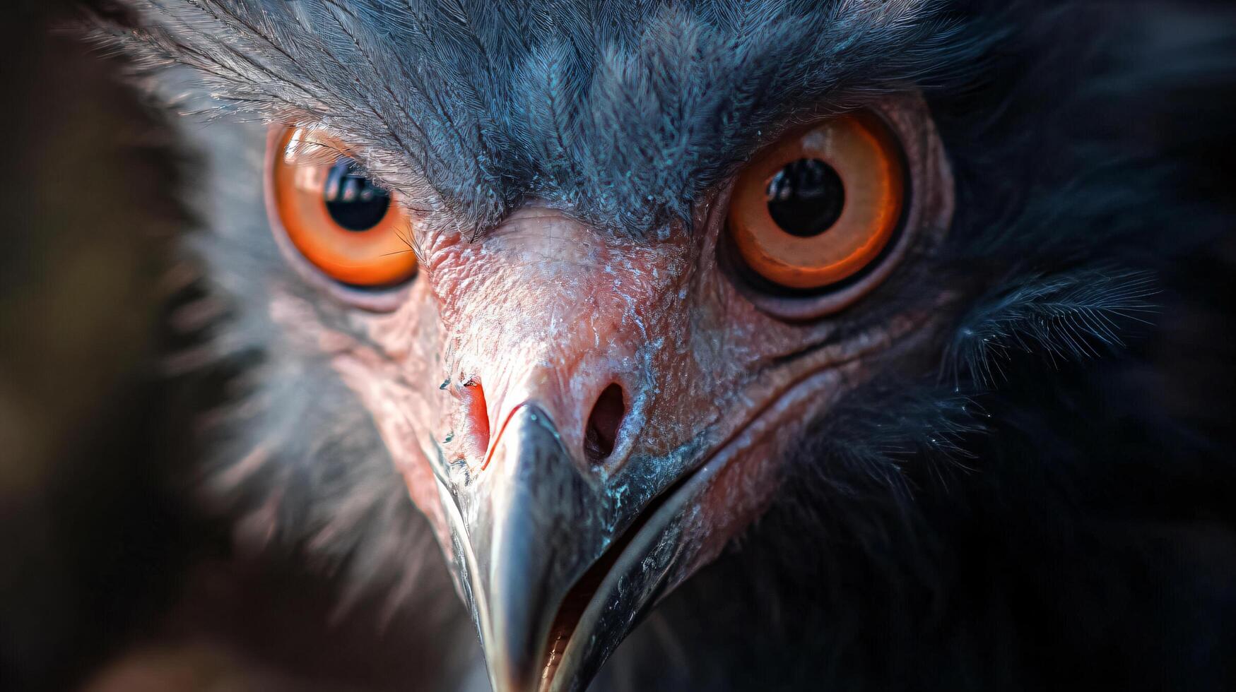 Close up of a bird's face with a red eye. The bird's face is black and orange photo