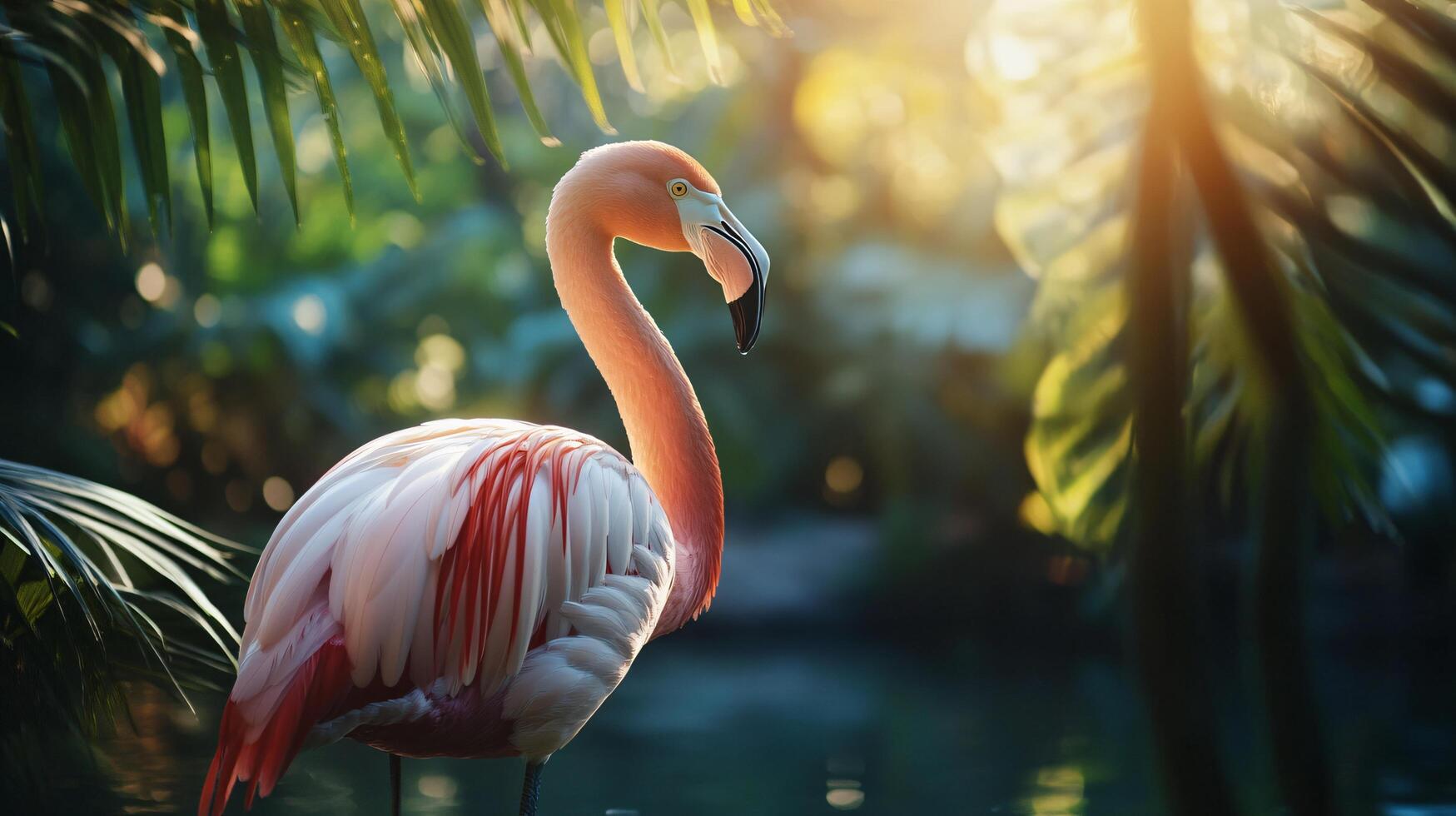 Flamingo stands in a lush green forest. The bird is pink and white, with a long neck and legs. The scene is serene and peaceful, with the bird standing in the water photo
