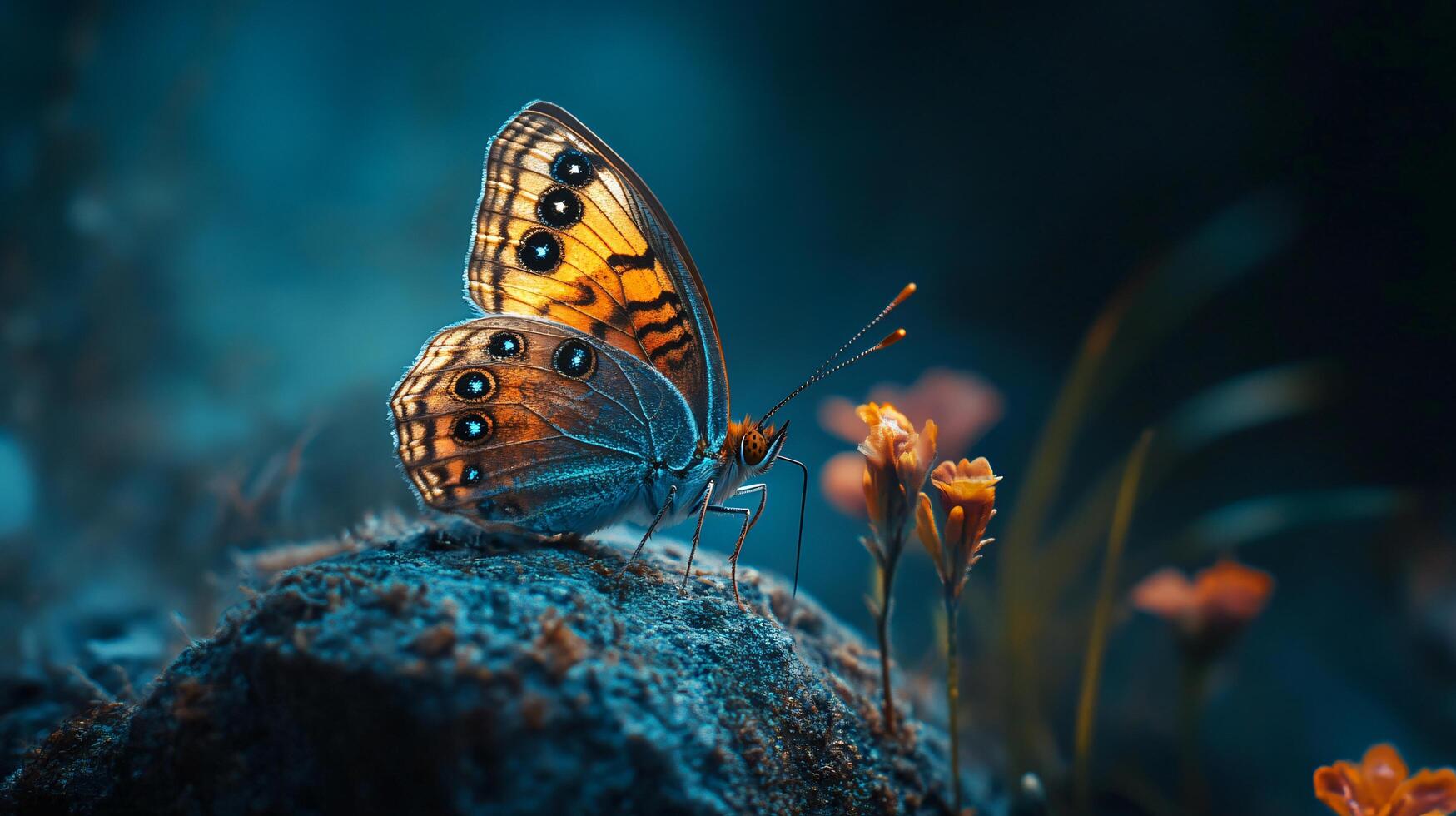 Butterfly is sitting on a rock next to some flowers. The butterfly is orange and black with a blue background photo