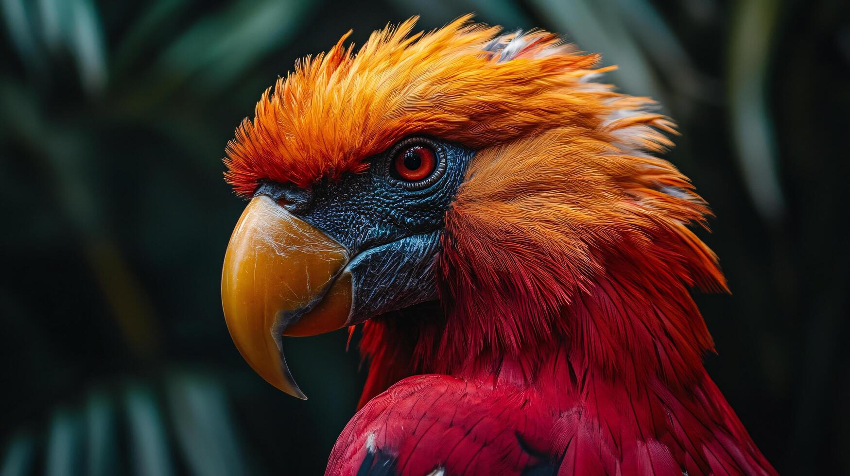 Colorful bird with a red head and orange feathers. The bird is looking directly at the camera photo