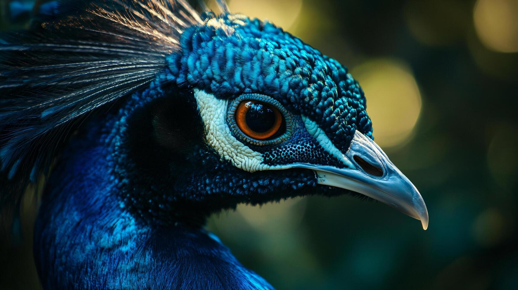 Blue peacock with a bright orange eye. The bird is standing in a green forest. The image has a serene and peaceful mood photo