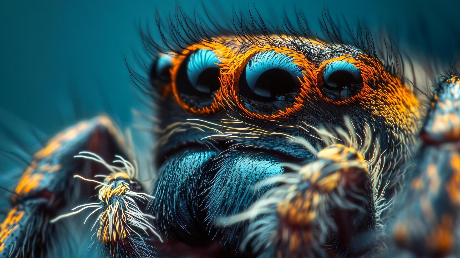 Close up of a spider with orange and black eyes. The spider is sitting on a leaf photo