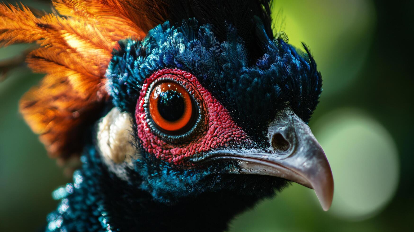 Bird with a red eye and orange feathers. The bird is looking at the camera. The image has a warm and inviting mood photo