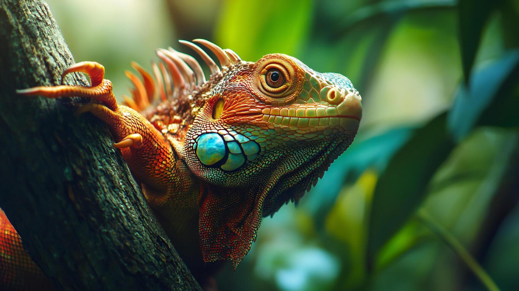Lizard is perched on a tree branch. The lizard is orange and blue. The lizard is looking at the camera photo