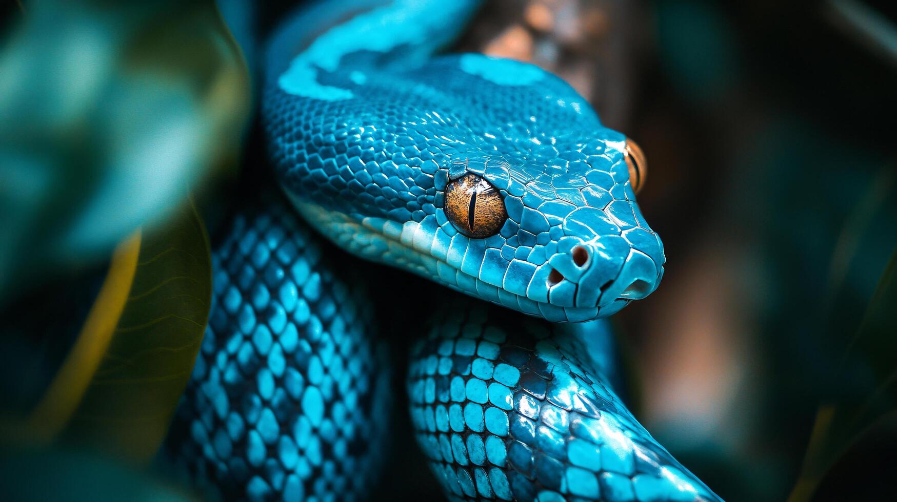 Blue snake with yellow eyes is shown in a green leafy environment. The snake is the main focus of the image, and its bright blue color stands out against the green background photo