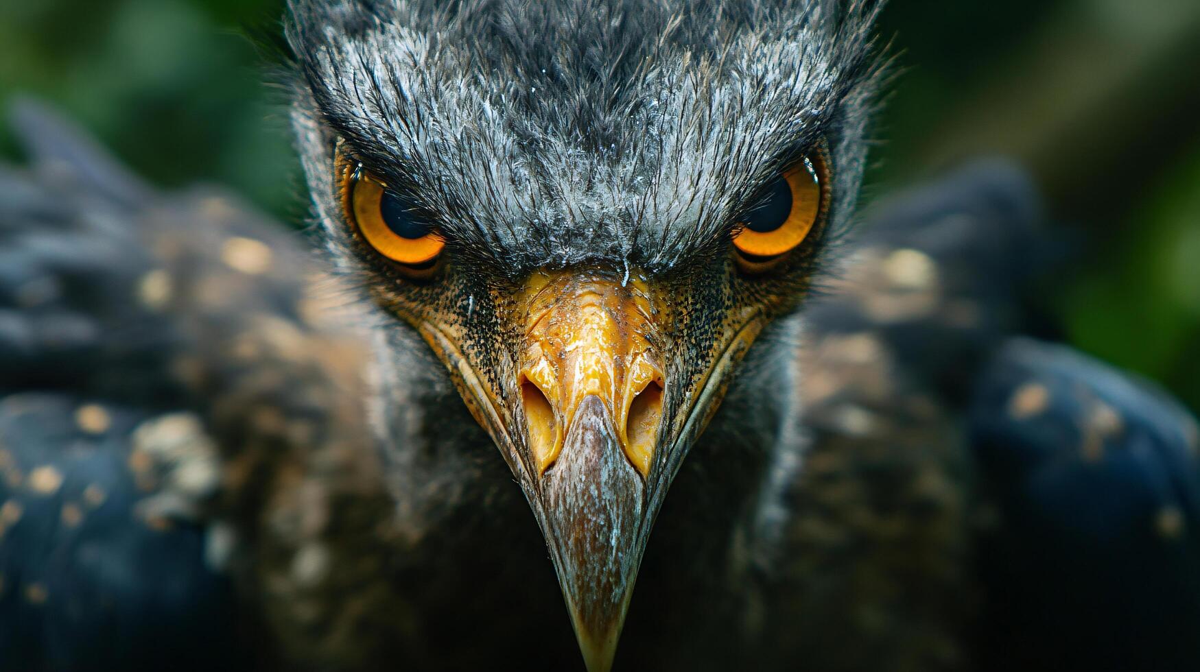 Bird with an angry expression on its face. The bird's eyes are open wide and its beak is pointed photo