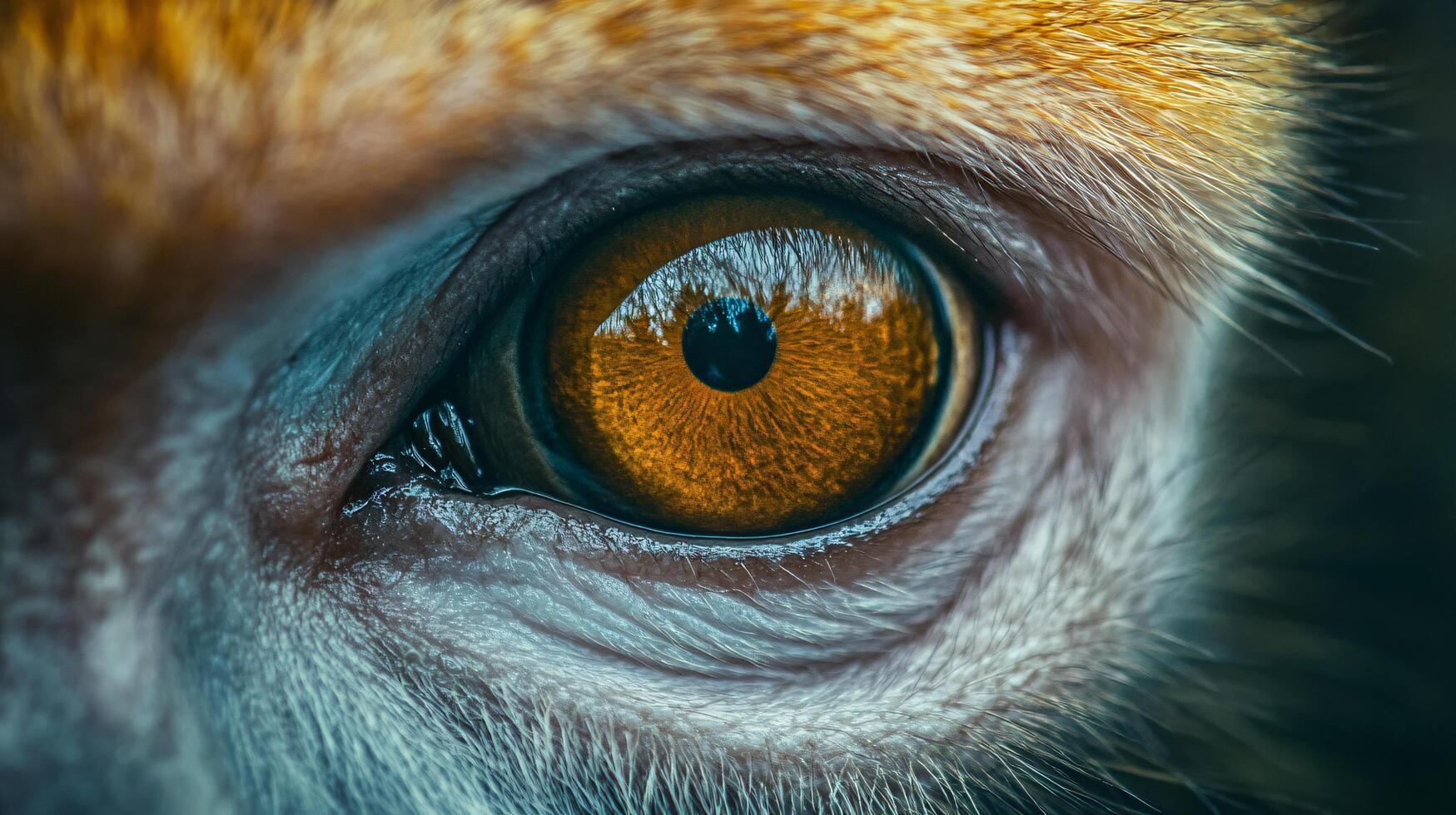 Close up of a brown and yellow eye with a reflection of the eye in the water. The eye is surrounded by fur and the reflection is blurry photo