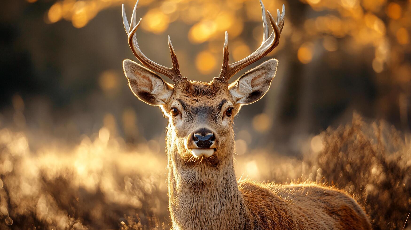 Deer with antlers is standing in a field. The deer is looking at the camera with a smile on its face photo