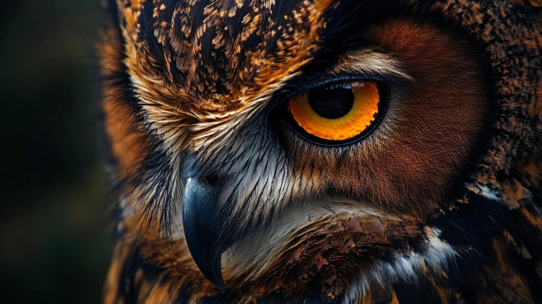 Close up of an owl's face with a yellow eye. The owl's face is the main focus of the image, and it is looking directly at the viewer. The image has a warm and inviting mood photo