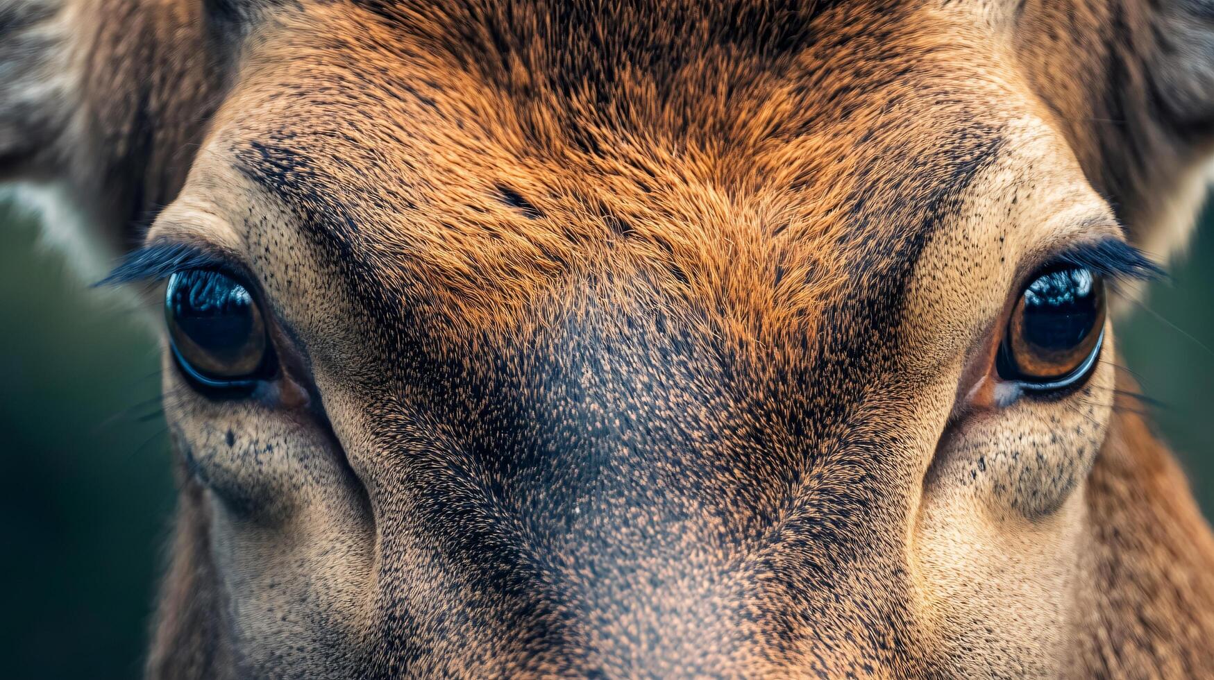 Close up of a deer's face with its eyes open. The deer's eyes are large and brown, and the fur around its face is brown and fuzzy. Concept of curiosity and alertness photo