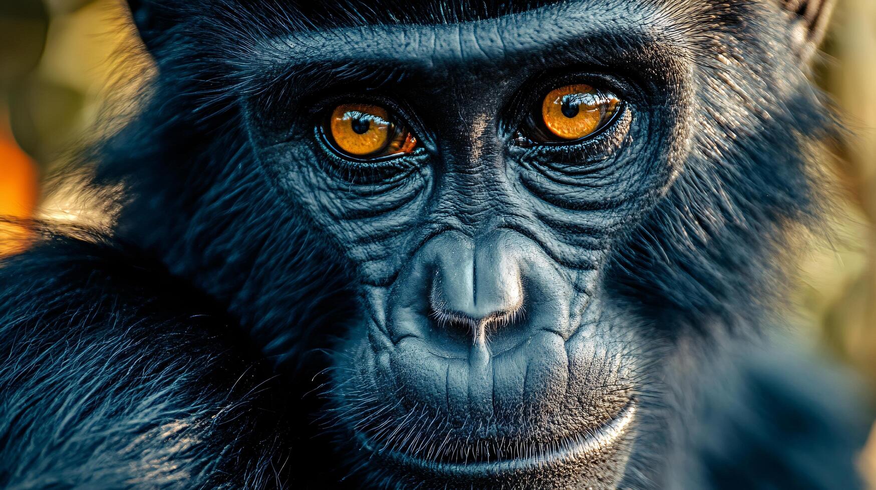 Baby monkey with a black face and orange eyes. The monkey is looking at the camera. The image has a playful and curious mood photo