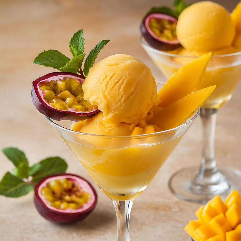Two glasses filled with ice cream and mango slices photo