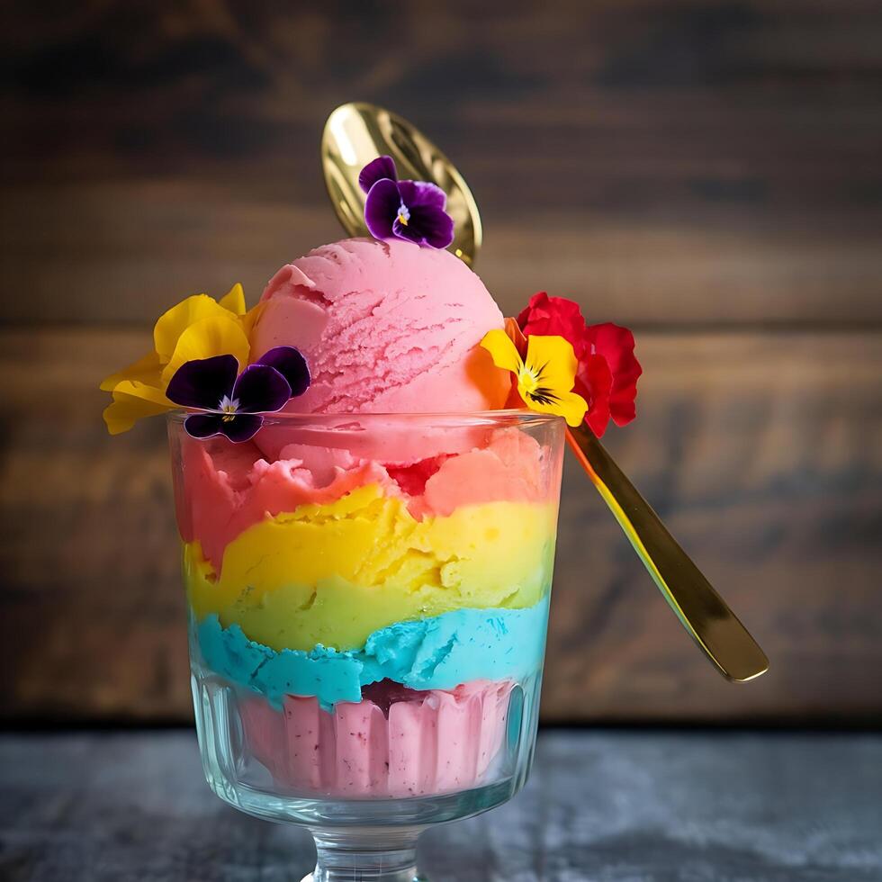 Rainbow ice cream with flowers on a wooden table photo