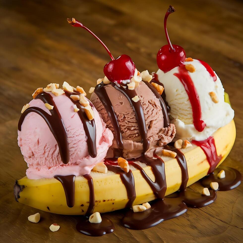 A banana split with ice cream, cherries and chocolate syrup photo