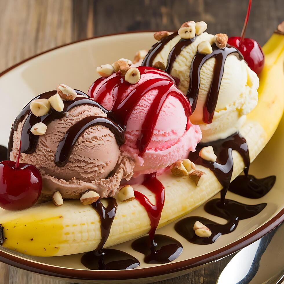 A banana split with ice cream, cherries and chocolate syrup photo