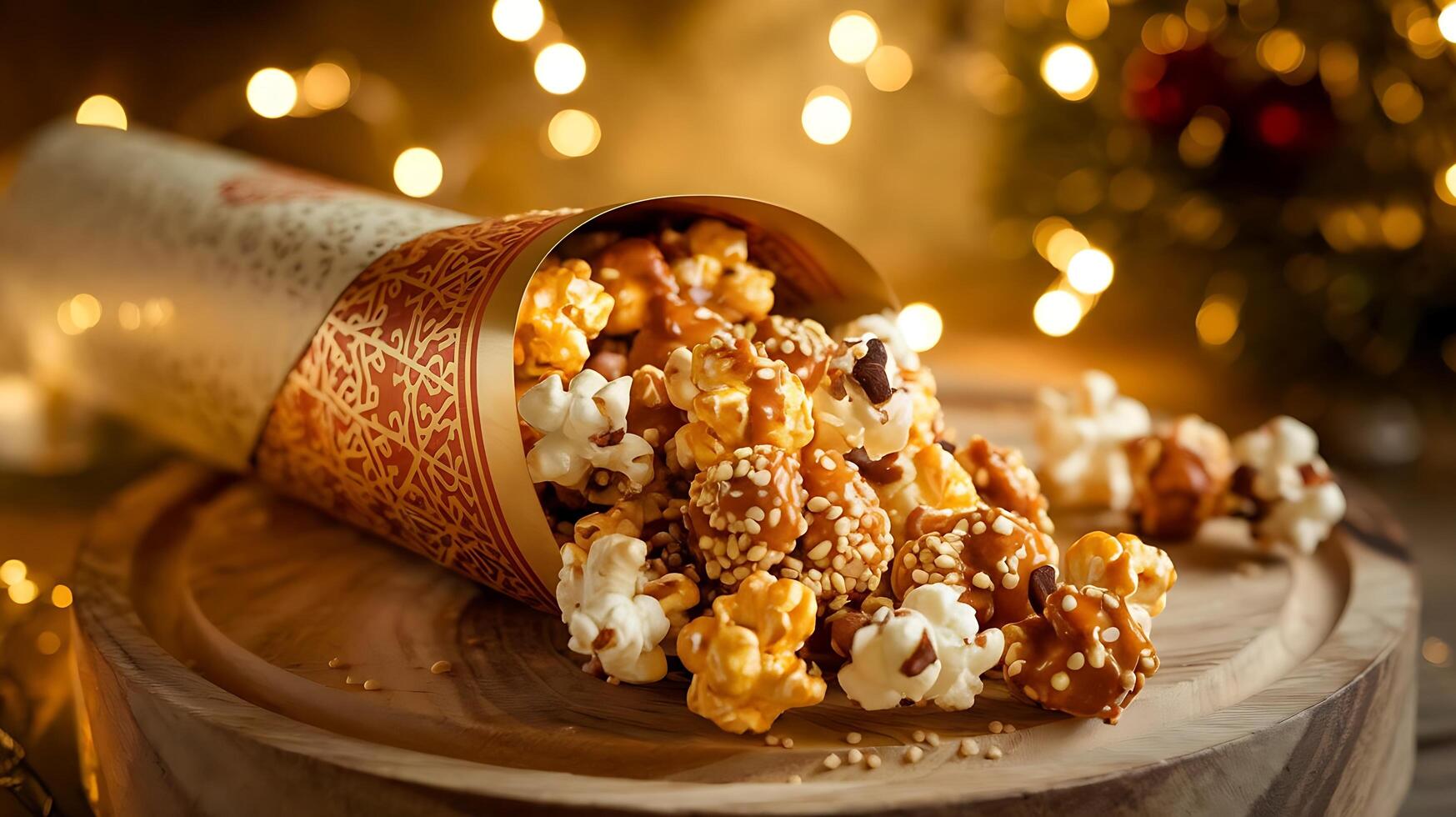 A bowl of popcorn with a christmas tree in the background photo
